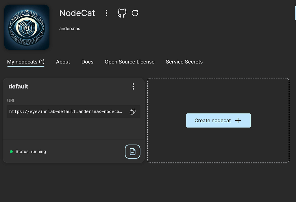 NodeCat service page in Open Source Cloud with one running instance named default