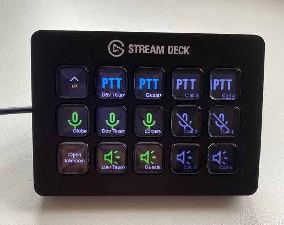 Elgato Stream Deck with buttons for push-to-talk, microphone and speaker control per Open Intercom call