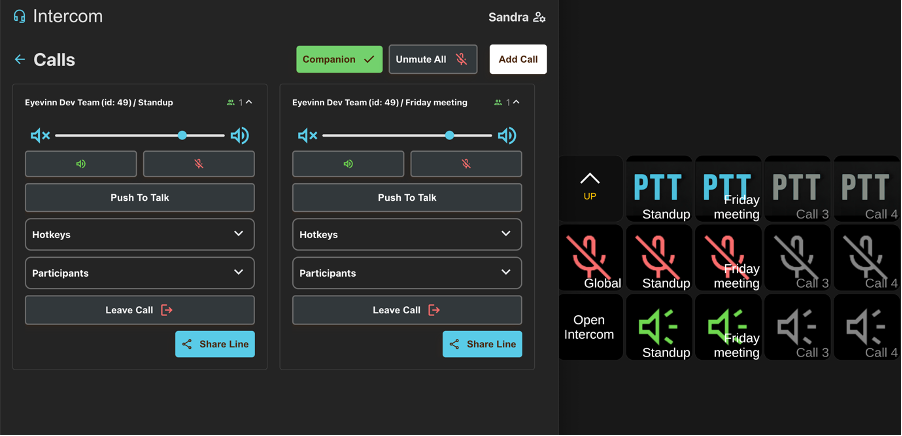 Open Intercom calls view next to the matching Stream Deck button layout for two calls