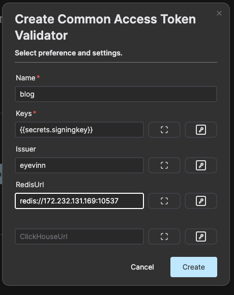 Create Common Access Token Validator dialog with name, signing key secret, issuer and Redis URL filled in