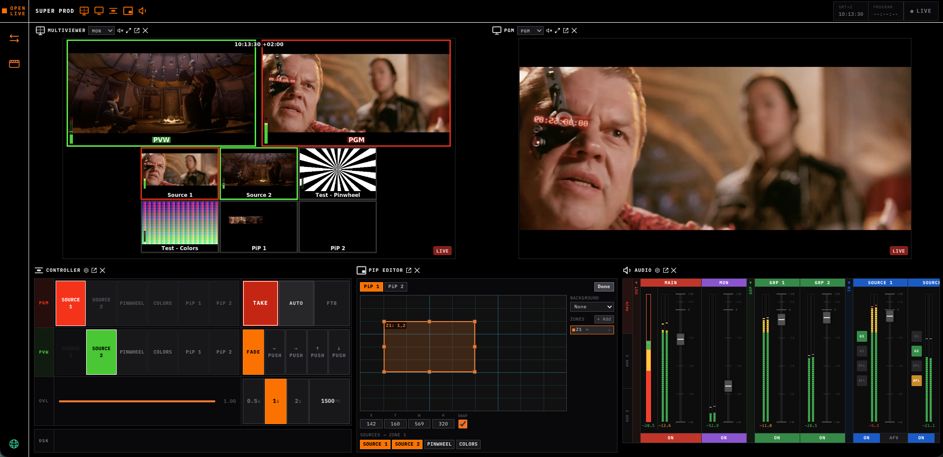 Open Live Studio browser interface — multiviewer and vision mixer running in a web browser, no dedicated hardware control surface